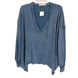 We The Free Womens Blue Coraline Thermal Sweater V Neck Long‎ Sleeve Size S NWT